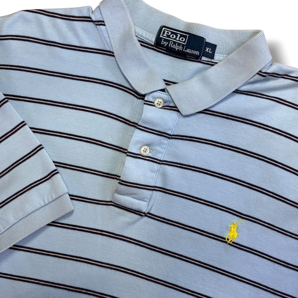 Polo Ralph Lauren Polo Shirt Mens XL Blue Striped Short Sleeve Yellow Pony Logo